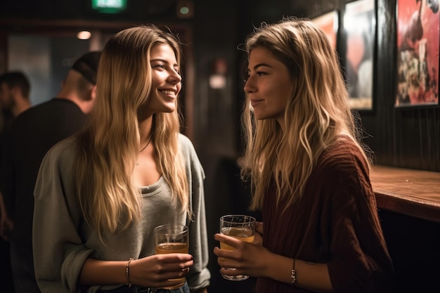 Shot of two friends having a drink together at an open mic event