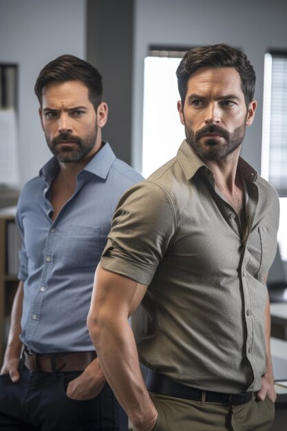 Photo shot of two handsome male colleagues standing together in the office