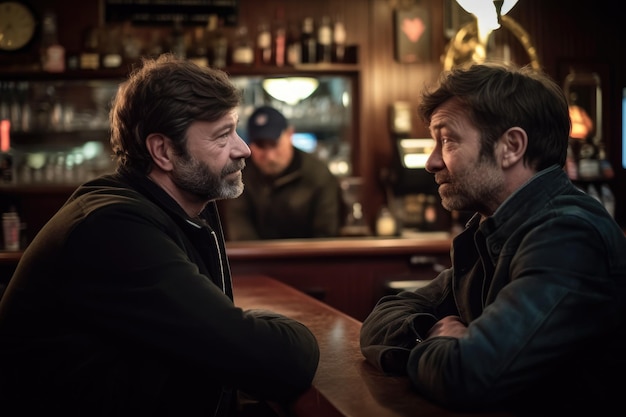 Shot of two men talking in a bar created with generative ai