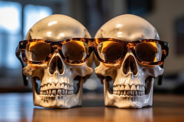 Photo shot of two optical glasses with a skull embedded in the frame created with generative ai