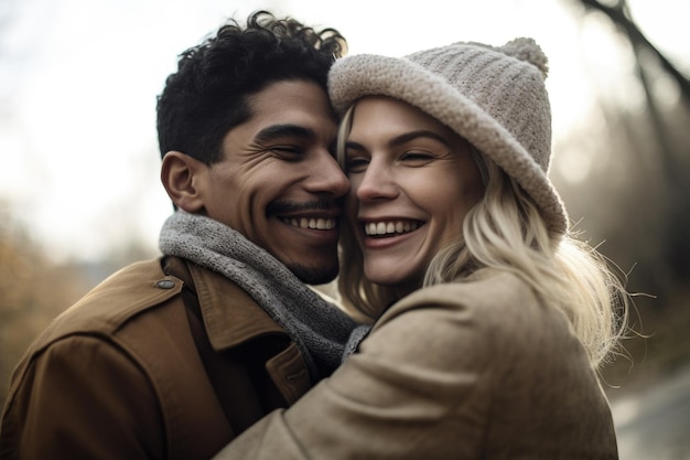 Снимок двух людей, улыбающихся и обнимающих друг друга на открытом воздухе