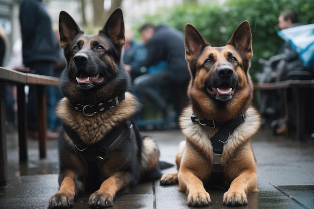 Снимка двух полицейских собак, сидящих снаружи, в то время как их управляющие делают