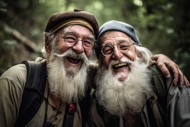 Снимка двух старших друзей, веселящихся вместе в лесу, созданная с помощью генеративного искусственного интеллекта