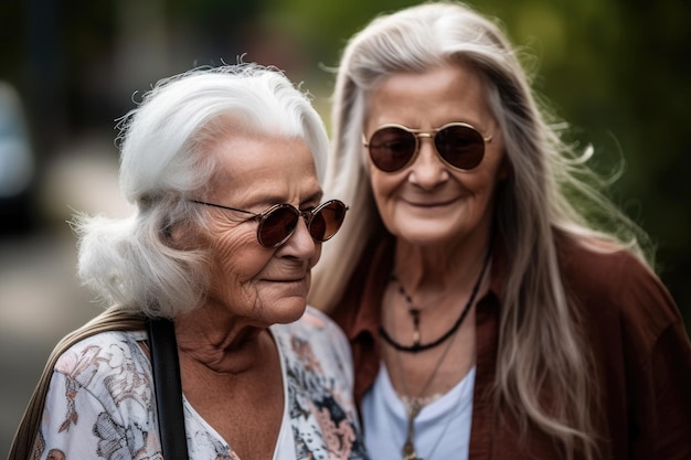 Shot of two senior women bonding while out on a walk together created with generative ai