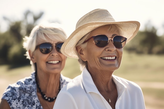 Shot of two senior women enjoying a day out on the golf course created with generative ai