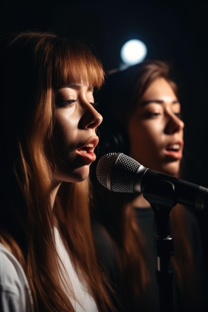 Foto scatto di due giovani donne irriconoscibili che cantano in un bingee