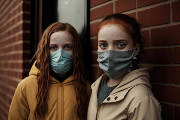Shot of two young friends standing outside and wearing face masks created with generative ai
