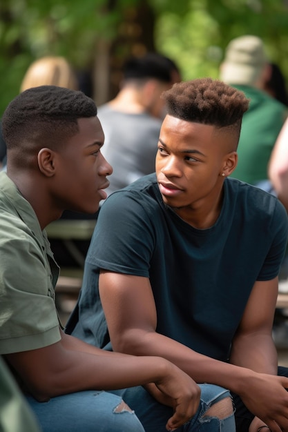 Shot of two young men having a discussion during a community service event