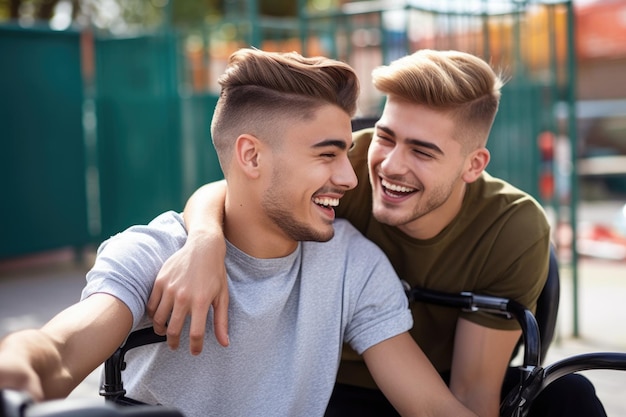 Shot of two young men having fun on a wheelchair at a playground created with generative ai