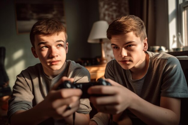 Photo shot of two young men playing video games together at home