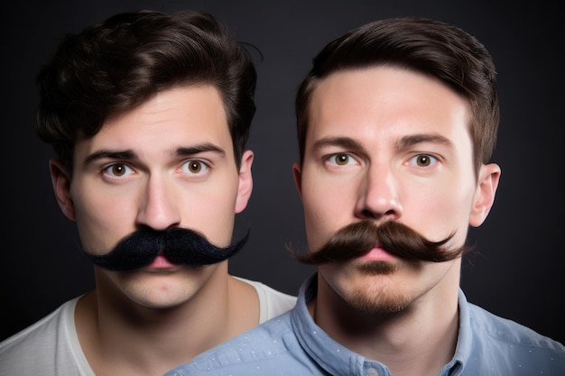 Снимок двух молодых людей, демонстрирующих свои стильные усы, созданный с помощью генеративного ИИ