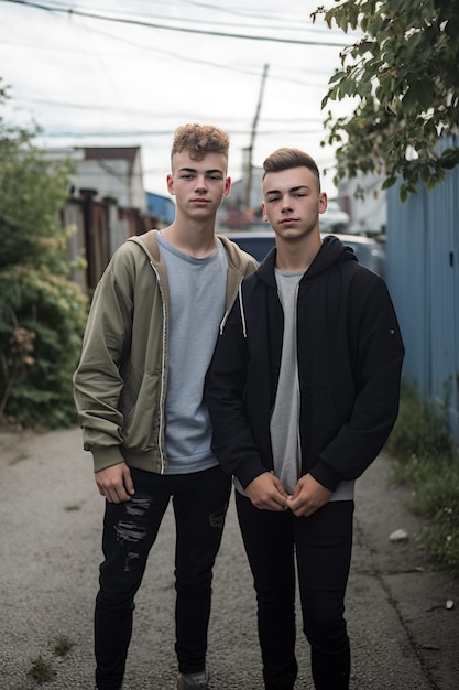 Shot of two young men standing outside created with generative ai