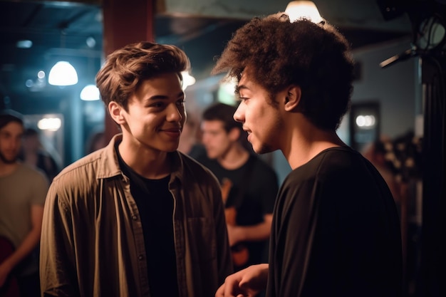 Снимок двух молодых людей, разговаривающих после выступления на вечере открытого микрофона