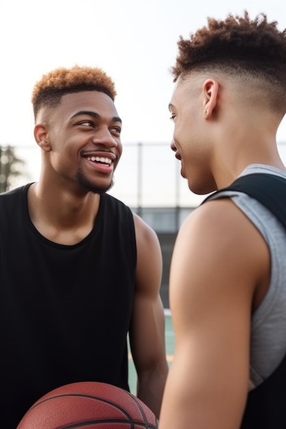 Shot of two young men talking while they play basketball together created with generative ai