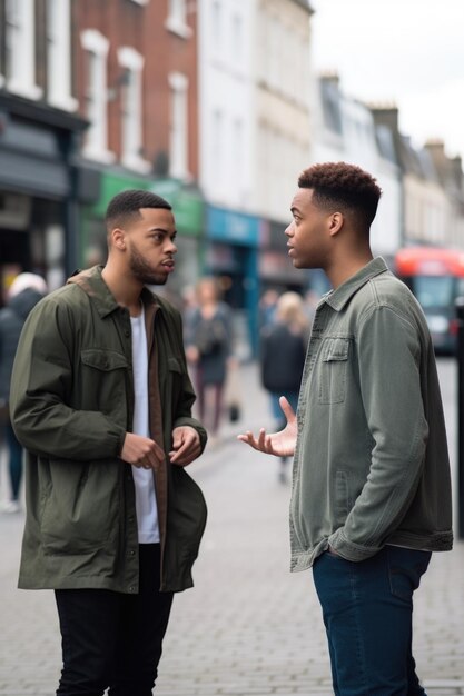 Shot of two young people having a discussion in the street created with generative ai