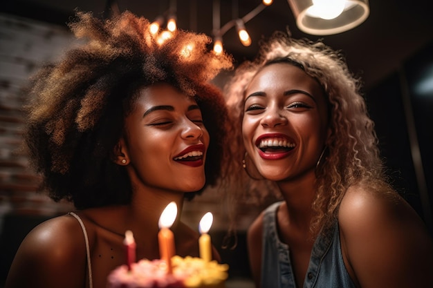生成 AI で作成された誕生日パーティーで祝う 2 人の若い女性のショット