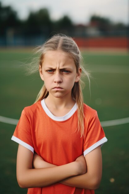 생성 인공지능으로 만든 스포츠 경기장에서 불행한 어린 소녀의 사진