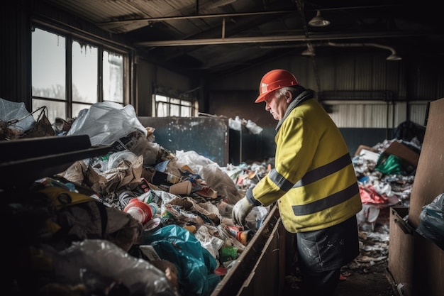 リサイクル工場でリサイクル可能な材料を選別している認識できない男性のショット