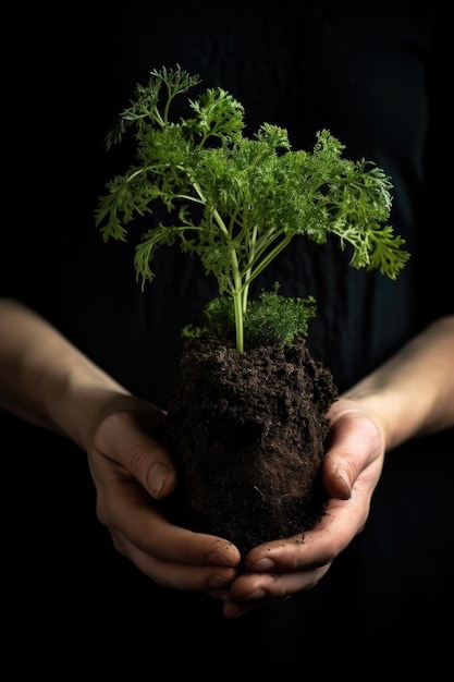 shot of an unrecognisable person holding a plant growing out of soil created with generative ai