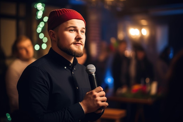 Shot of an unrecognizable man giving a speech at a festive party created with generative ai