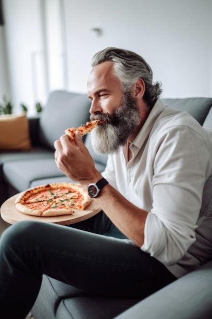 Shot of an unrecognizable man a slice of pizza while sitting at home created with generative ai