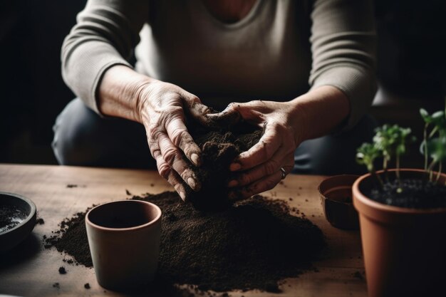 Foto fotografia di una donna irriconoscibile che prepara il suolo per una pianta nella sua casa creata con l'ai generativa