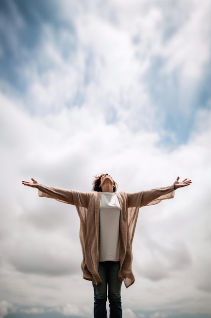 Shot of an unrecognizable woman standing with her arms outstretched created with generative ai