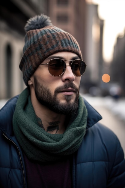 Shot of an urban man in sunglasses and a beanie standing outside created with generative ai