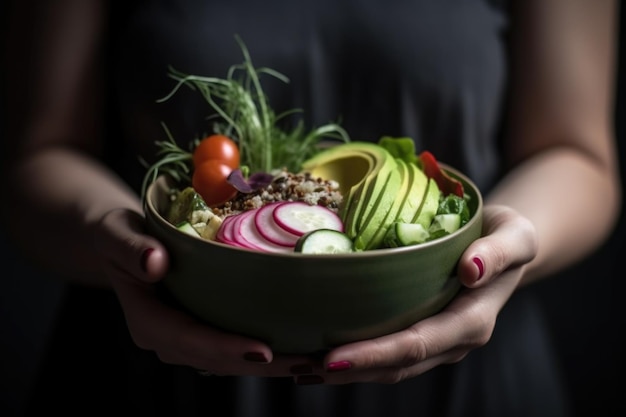 Shot van een aantrekkelijke jonge vrouw die geniet van een salade gemaakt met generatieve AI