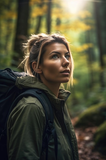 Shot van een aantrekkelijke jonge vrouw die geniet van een wandeling door het bos gemaakt met generatieve AI