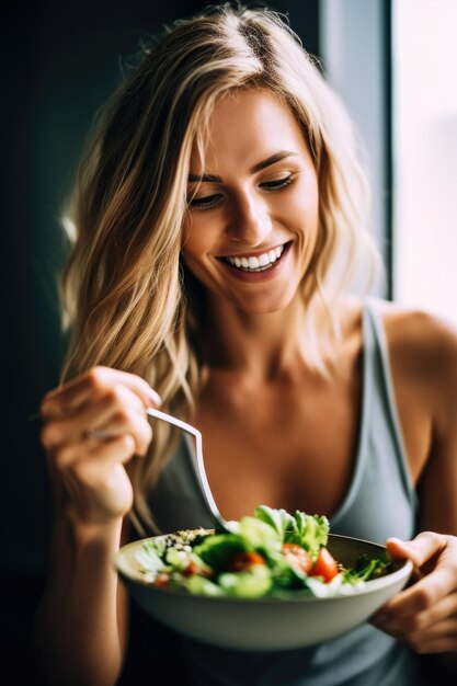 Shot van een aantrekkelijke jonge vrouw die salade eet, gemaakt met generatieve AI