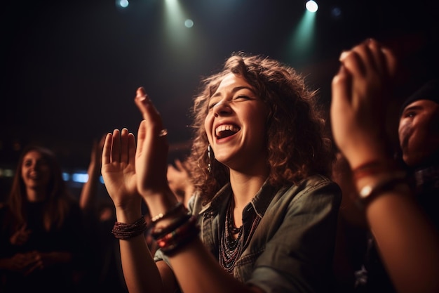 Foto shot van een aantrekkelijke vrouw die juicht tijdens een muziekconcert gemaakt met generatieve ai