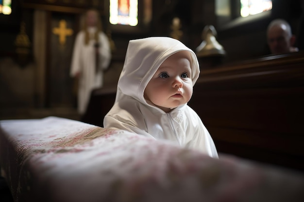 Foto shot van een baby die een doopkleed draagt in de kerk