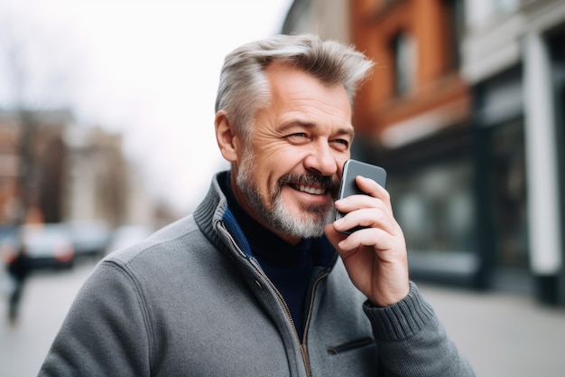 Shot van een blanke man die koffie drinkt en in zijn mobiele telefoon praat, gemaakt met generatieve AI