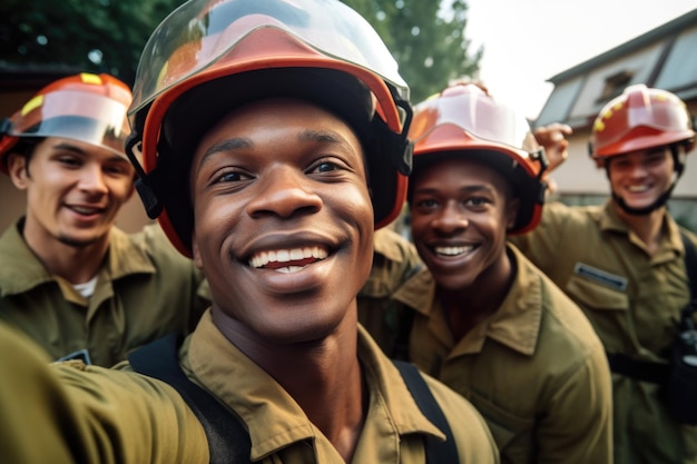 Shot van een brandweerman die selfies maakt met zijn collega's gemaakt met generatieve AI