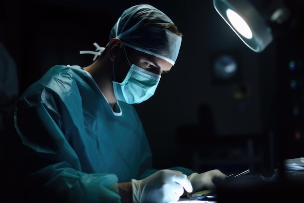 Shot van een chirurg die aantekeningen maakt tijdens het opereren gemaakt met generatieve AI
