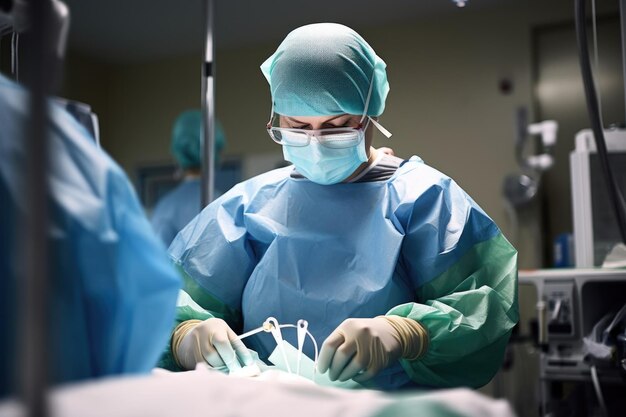 Shot van een chirurg die beschermende kleding draagt terwijl hij zich voorbereidt op een optreden, gemaakt met generatieve AI