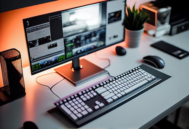 Shot van een desktopcomputer en toetsenbord en muis in de Creative Modern OfficeGenerate Ai