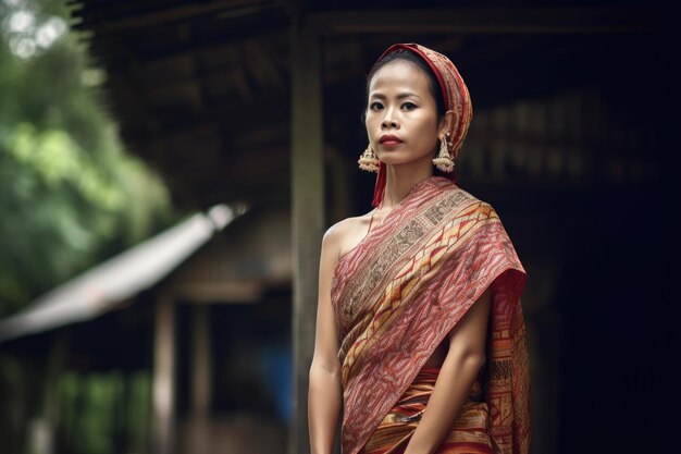 Foto shot van een etnische vrouw in een traditionele sarong die buiten staat, gemaakt met generatieve ai