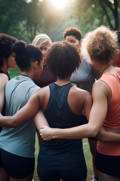 Shot van een fitnessgroep die buiten in een groepje staat