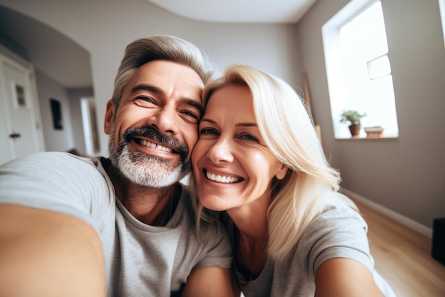 Shot van een gelukkig stel dat thuis samen selfies maakt