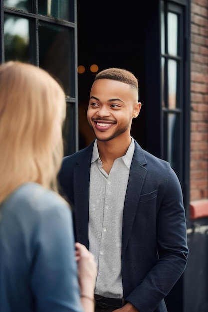 shot van een gelukkige jongeman die zijn date leert kennen voordat hij op een date gaat die is gemaakt met generatieve AI