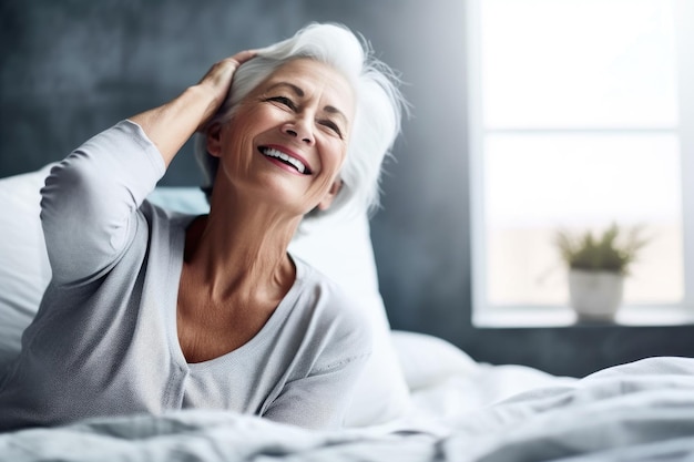 Shot van een gelukkige oudere vrouw die geniet van de dag terwijl ze op haar bed rust