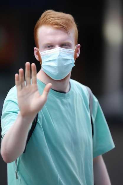 Shot van een gemaskerde man die zijn hand omhoog houdt en een gezichtsmasker draagt dat gemaakt is met generatieve AI