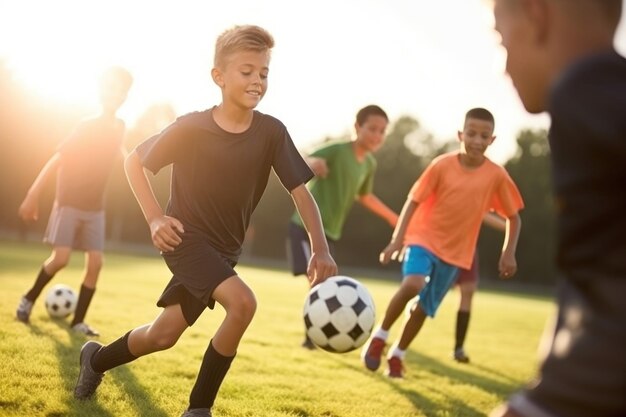 Shot van een groep jonge jongens die voetballen op een veld gemaakt met generatieve AI