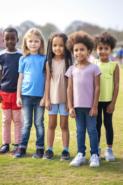 Shot van een groep jonge kinderen die op het sportveld staan, gecreëerd met generatieve AI