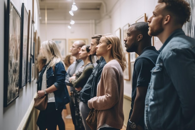 Shot van een groep mensen die naar kunstwerken kijken in een kunstgalerie die is gemaakt met generatieve AI