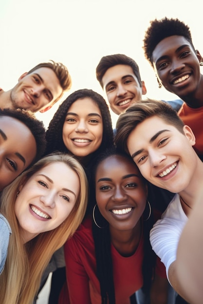 Shot van een groep mensen die samen selfies maken, gemaakt met generatieve AI