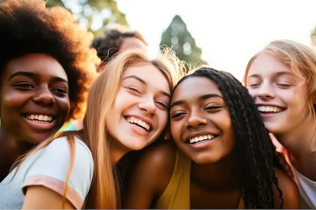 Shot van een groep tienervrienden die plezier hebben op een zomerkamp gemaakt met generatieve AI