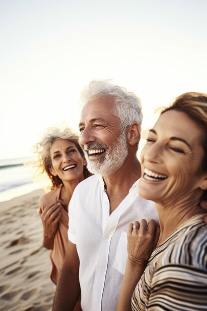 Shot van een groep volwassen vrienden die samen plezier hebben aan het strand, gemaakt met generatieve AI